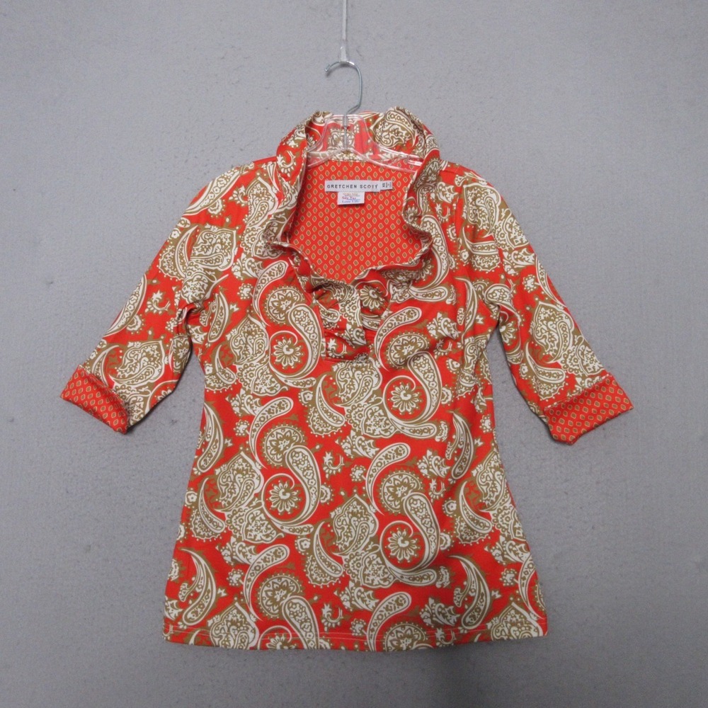 Gretchen Scott Top XS Orange‎ Tan Ruffle Neck Plentiful Paisley Party Flip Cuff